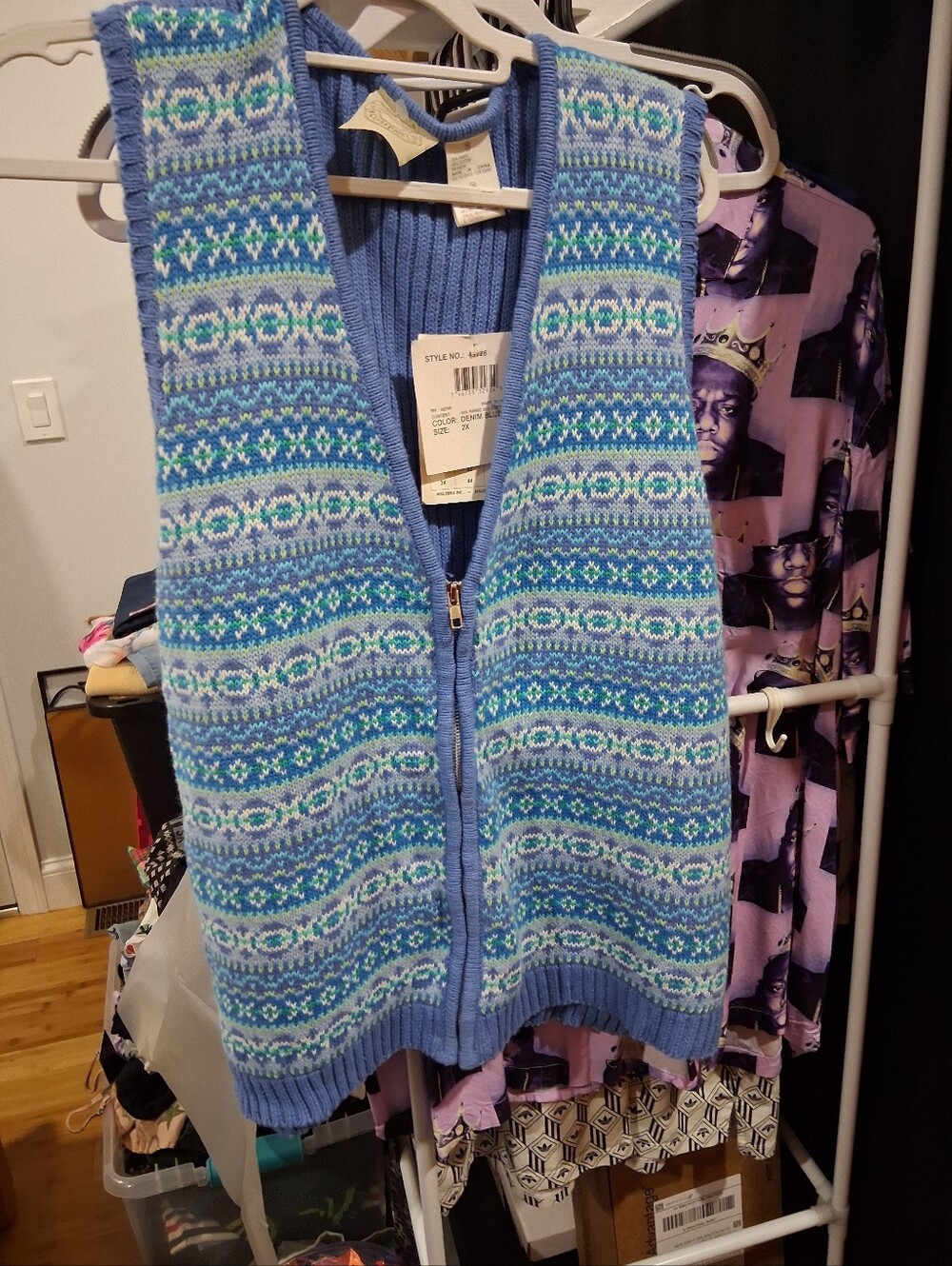 Blue Patterned Zip-Front Women's Sweater Vest